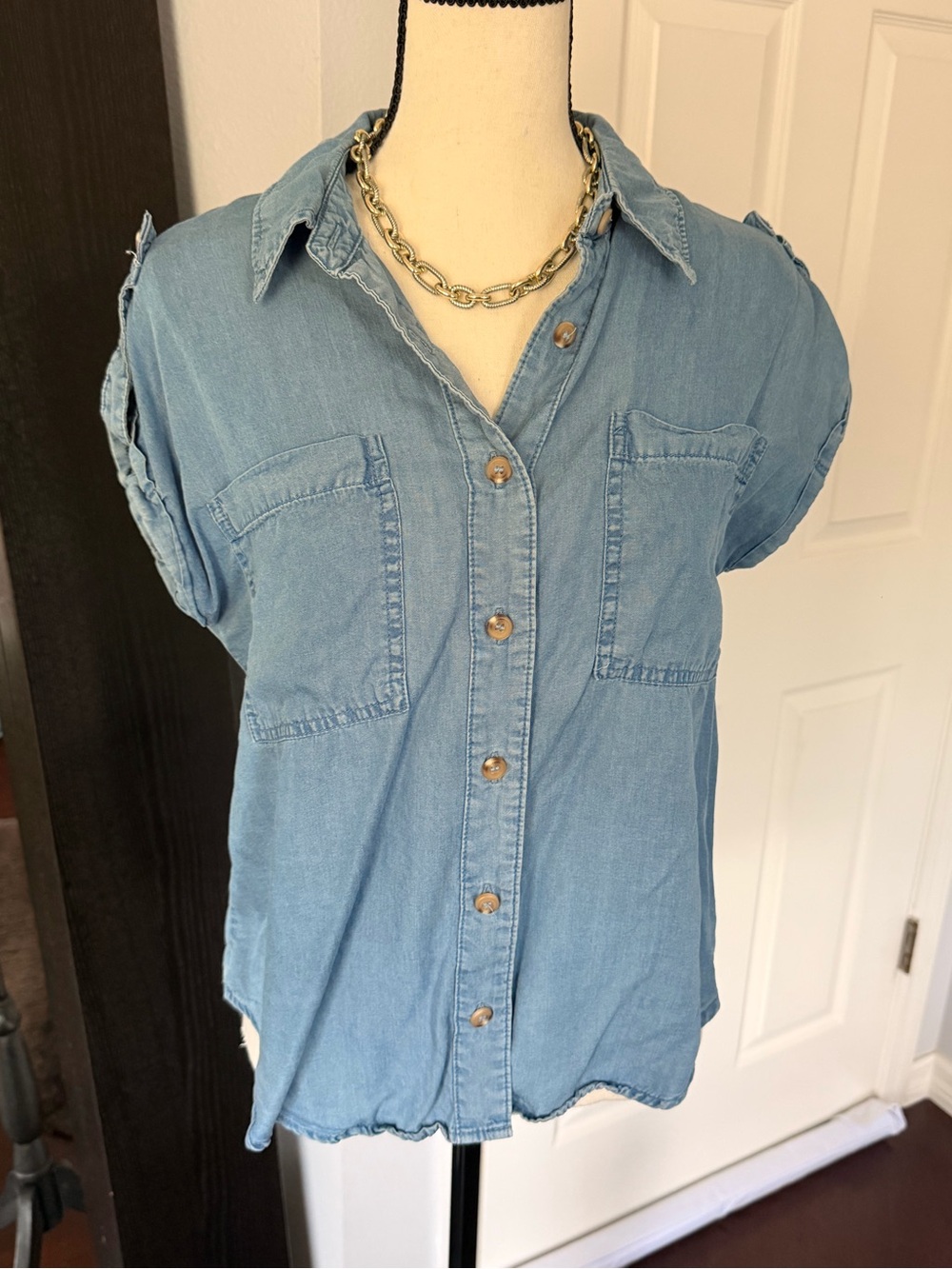 Light Blue Short-Sleeve Button-Front Denim Shirt